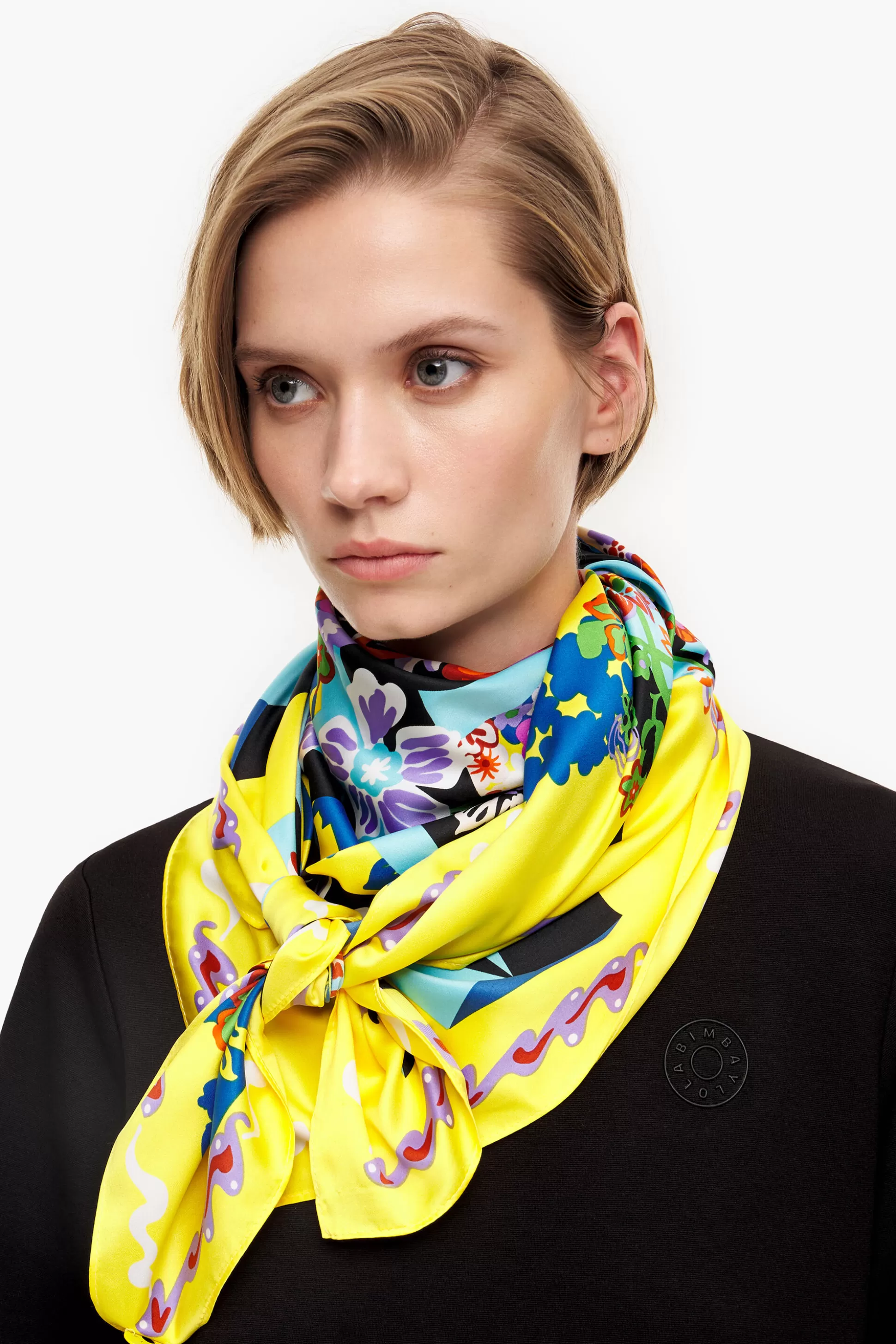 Fashion BIMBA Y LOLA Lenco Flores E Logo Geometrico Amarelo Yellow