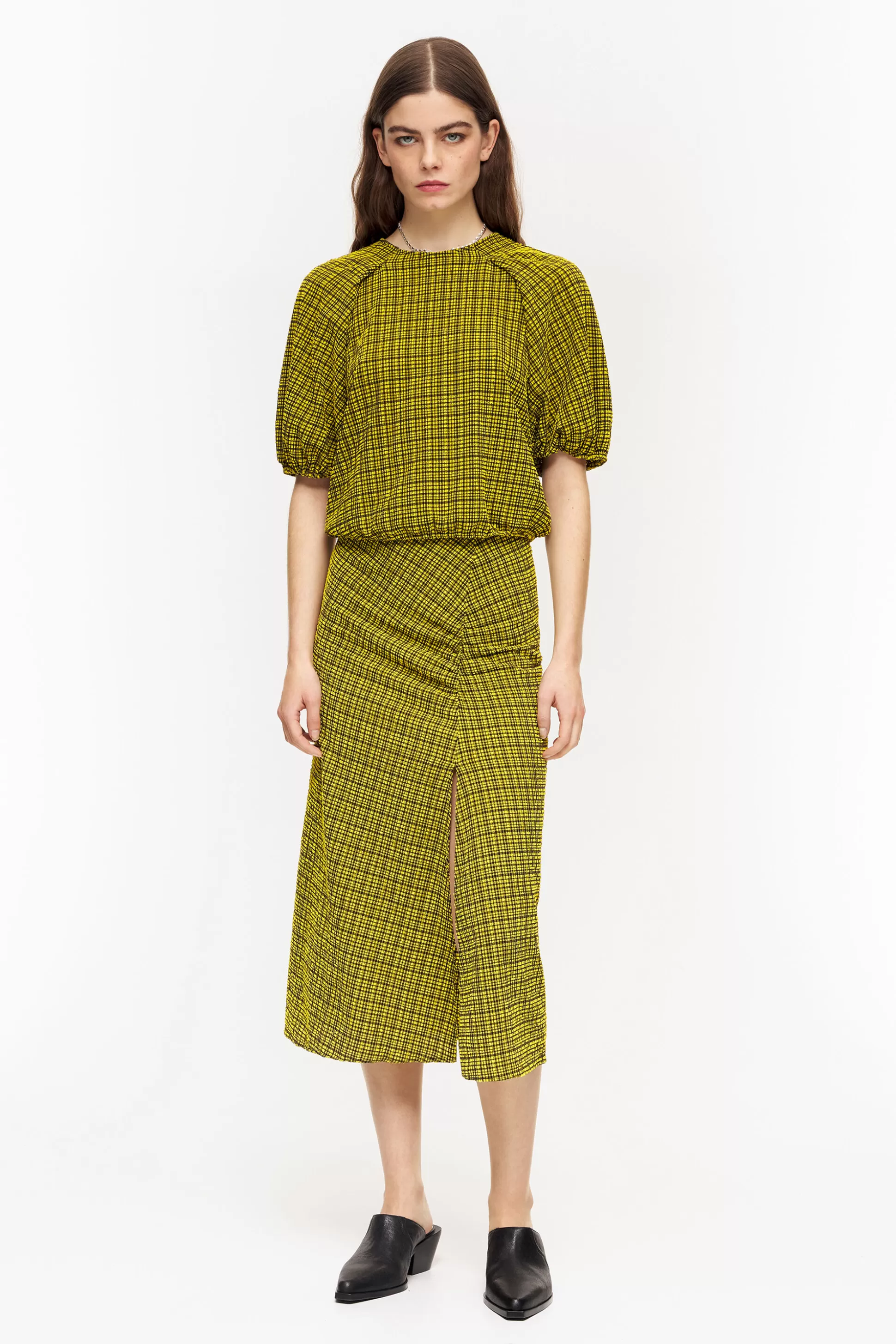 Shop BIMBA Y LOLA Saia Midi Quadros Amarela Yellow