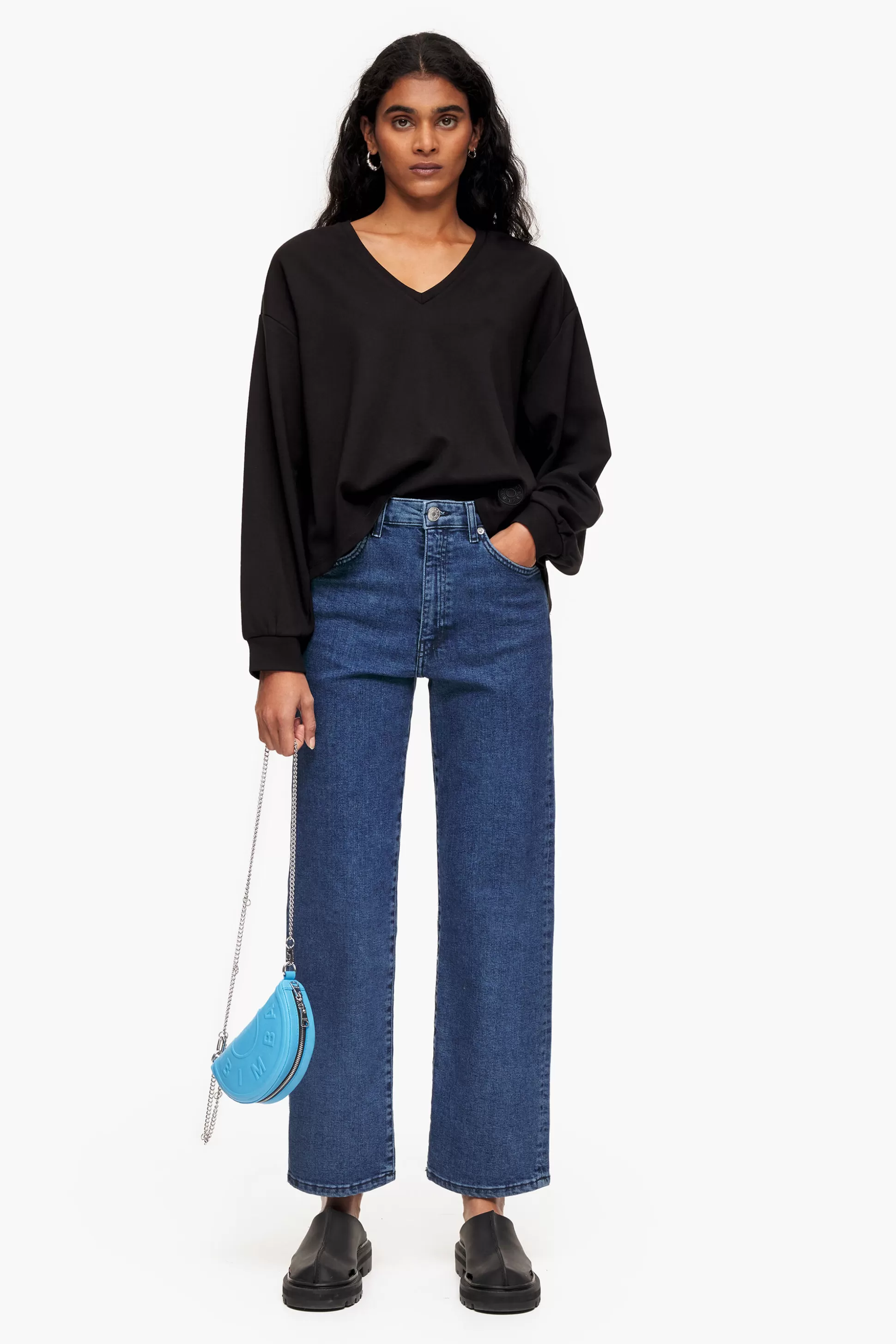 Fashion BIMBA Y LOLA Straight Cropped- Jeans Retos Azuis Escuros Dark Blue