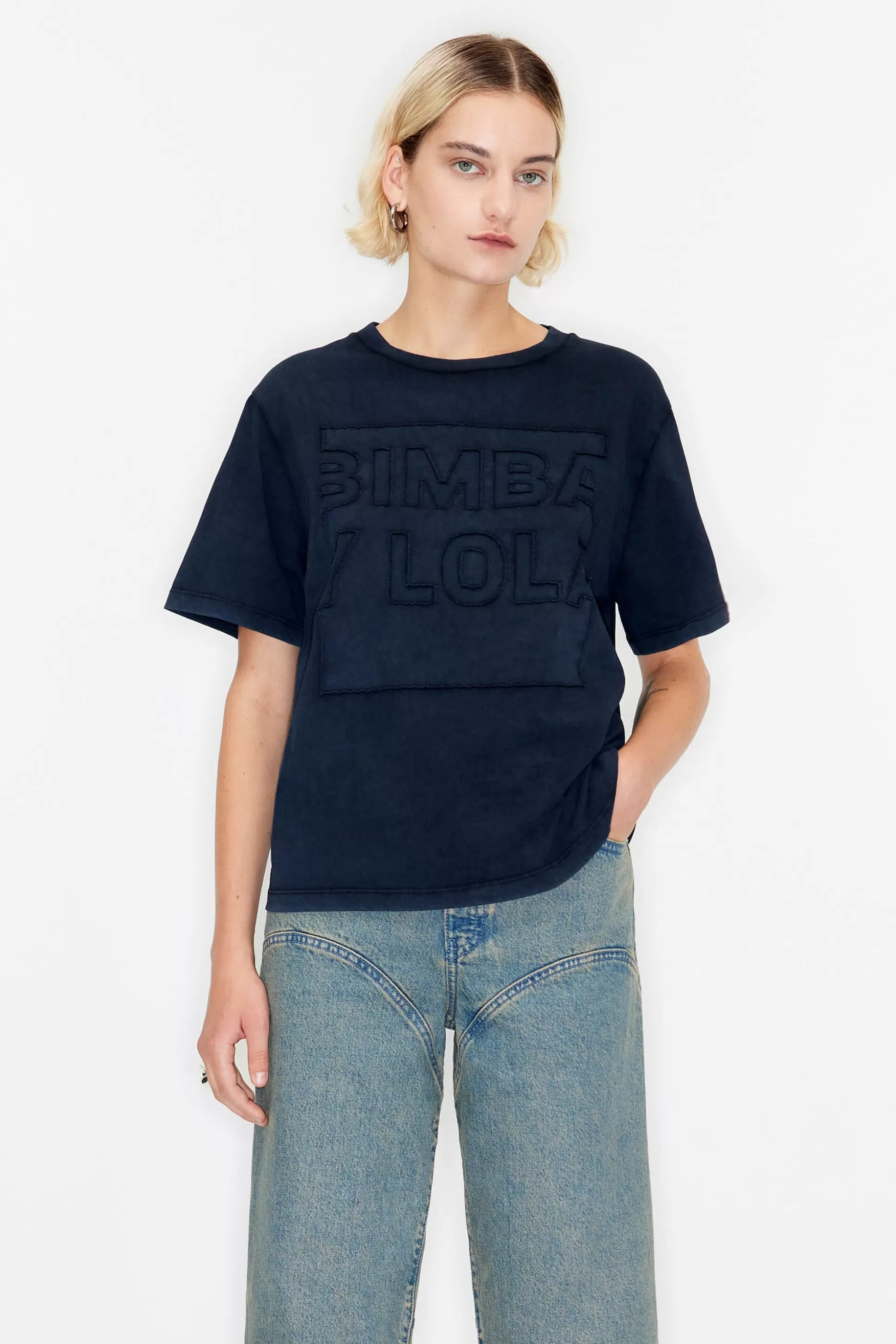 New BIMBA Y LOLA T-Shirt Algodao Logo Preta Washed Black