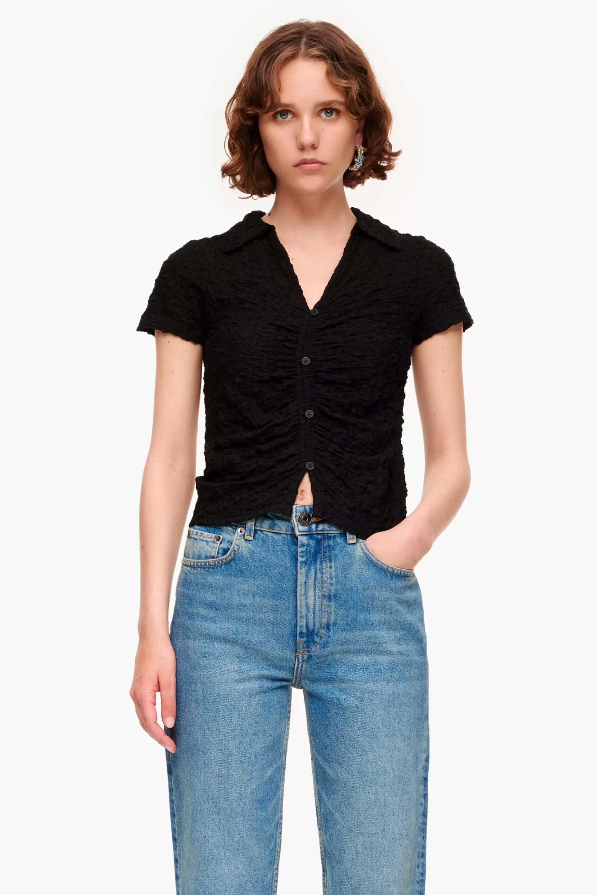 Fashion BIMBA Y LOLA T-Shirt Textura Botoes Preta Black